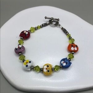 Colorful art glass kity cat faces bead bracelet artisan FREE EXTRA